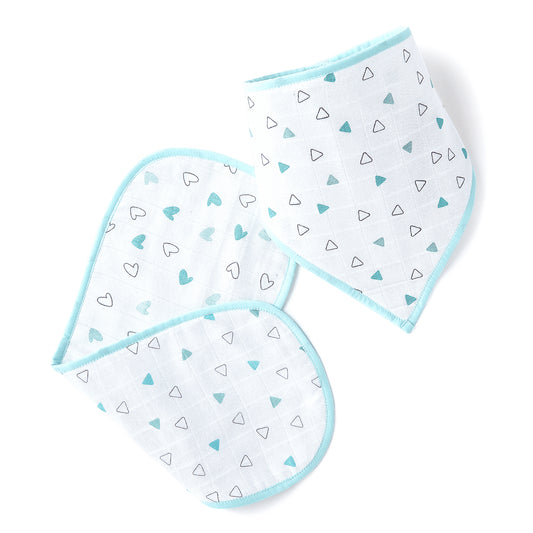 Blue Hearts And Triangles Feeding Bibs And Burp 2 Pcs
