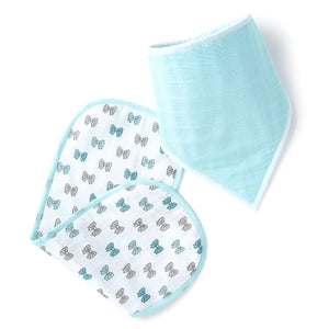 Blue Bow And Solid Blue Feeding Bibs And Burp 2 Pcs