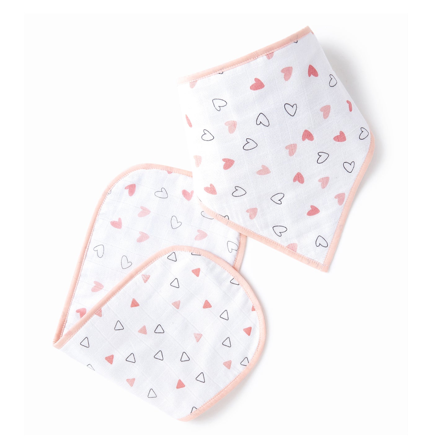 Pink Hearts And Triangles Feeding Bibs And Burp 2 Pcs