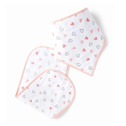 Pink Hearts And Triangles Feeding Bibs And Burp 2 Pcs