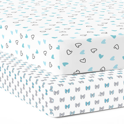 Blue Hearts and Bows Crib Sheets 2 Pcs