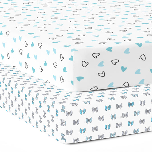 Blue Hearts and Bows Crib Sheets 2 Pcs