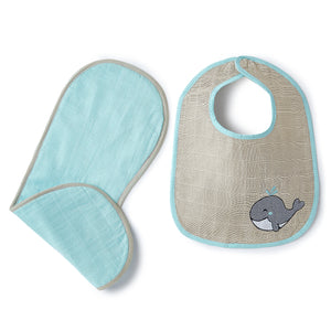 Blue Whale And Solid Blue Embroidery Feeding Bibs And Burp 2 Pcs