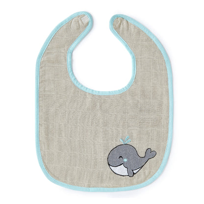 Blue Whale And Solid Blue Embroidery Feeding Bibs And Burp 2 Pcs
