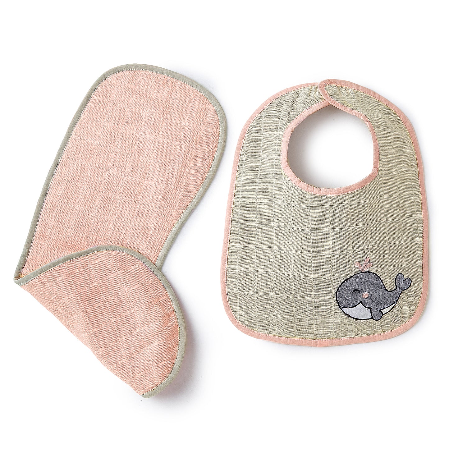 Pink Whale And Solid Pink Embroidery Feeding Bibs And Burp 2 Pcs