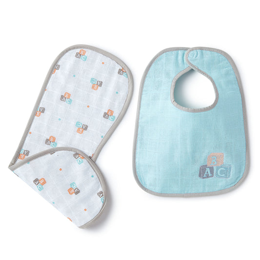 Blue Alphabets Embroidery Feeding Bibs And Burp 2 Pcs