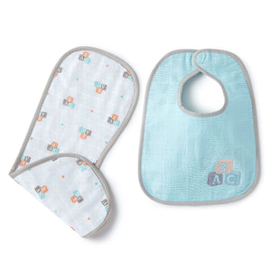 Blue Alphabets Embroidery Feeding Bibs And Burp 2 Pcs