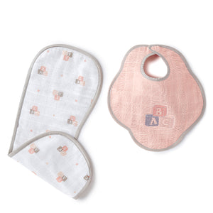 Pink Alphabets Embroidery Feeding Bibs And Burp 2 Pcs